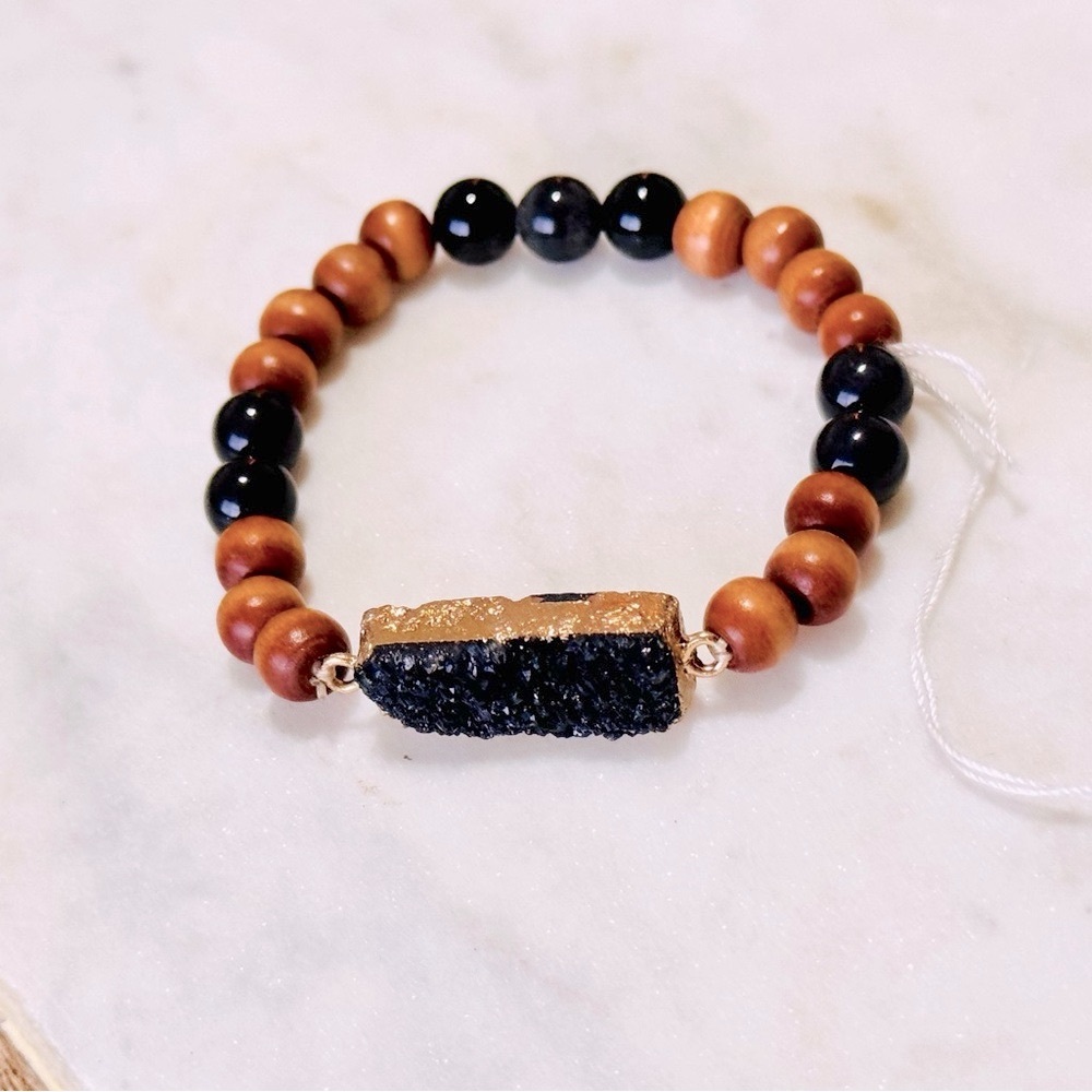 BOHO Stretchy Wooden Beaded Bracelet w Black Druzy Gemstone